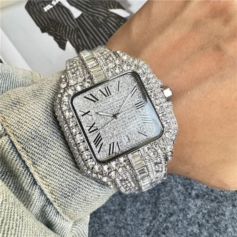 Luxury Iced-Out Square Men’s Watch. Diamond Style Fashion Timepiece
