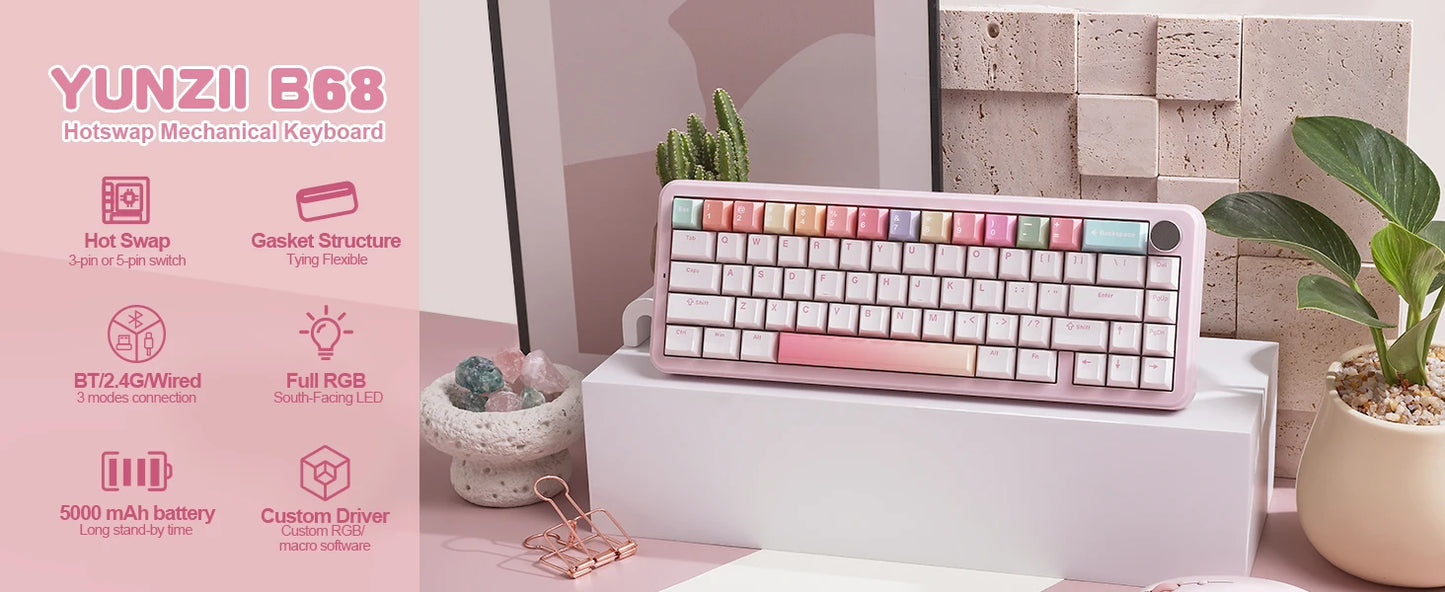 YUNZII B68 Wireless Mechanical Gaming Keyboard, Tri-Mode Hot Swappable Cute Gasket Mounted Creamy Keyboard for Win/Mac,
