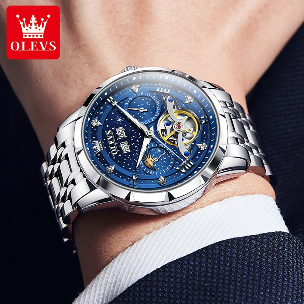 Men’s Luxury Skeleton Watch – Stainless Steel Starry Dial Design