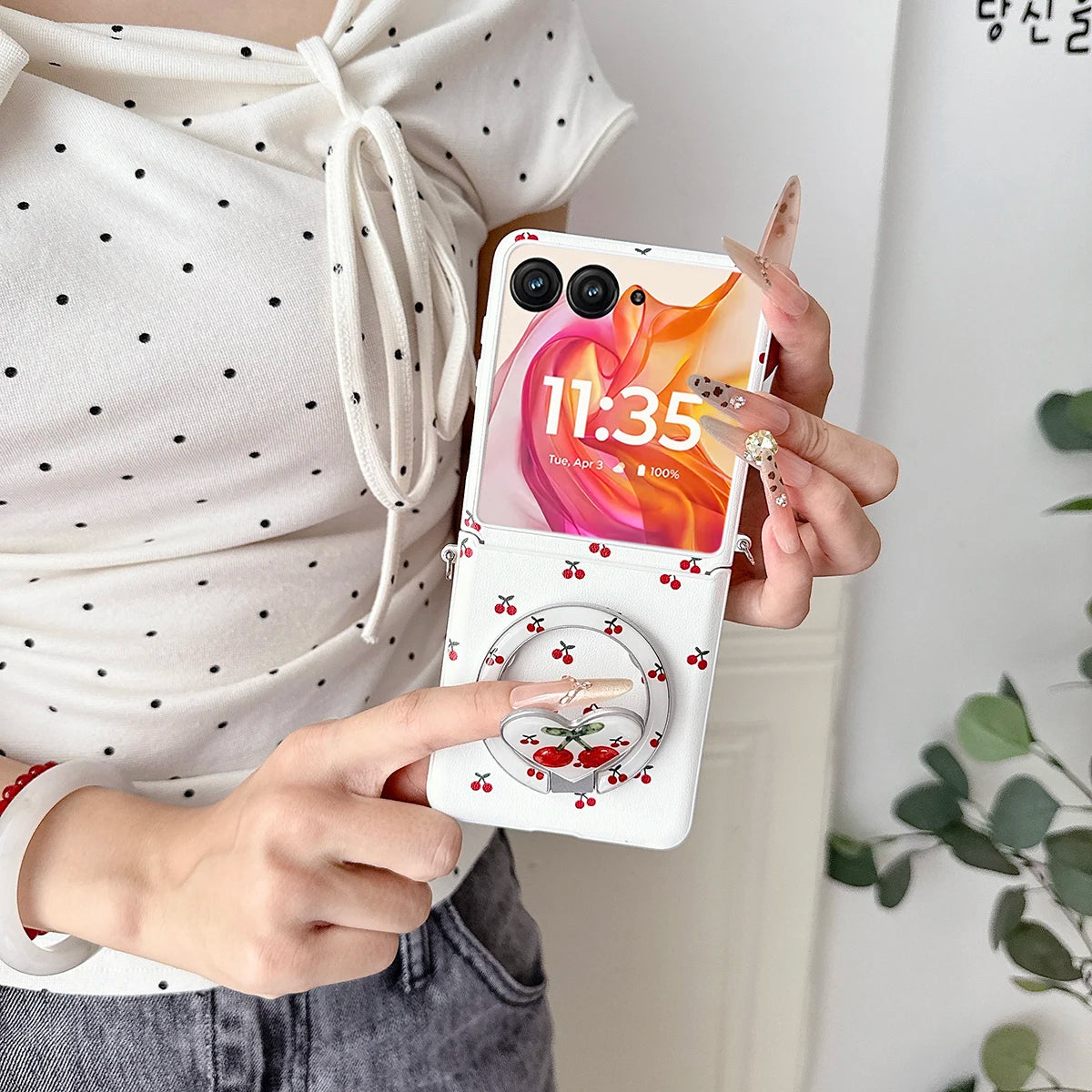 Cherry Print Magnetic Phone Case with Detachable Wrist Strap