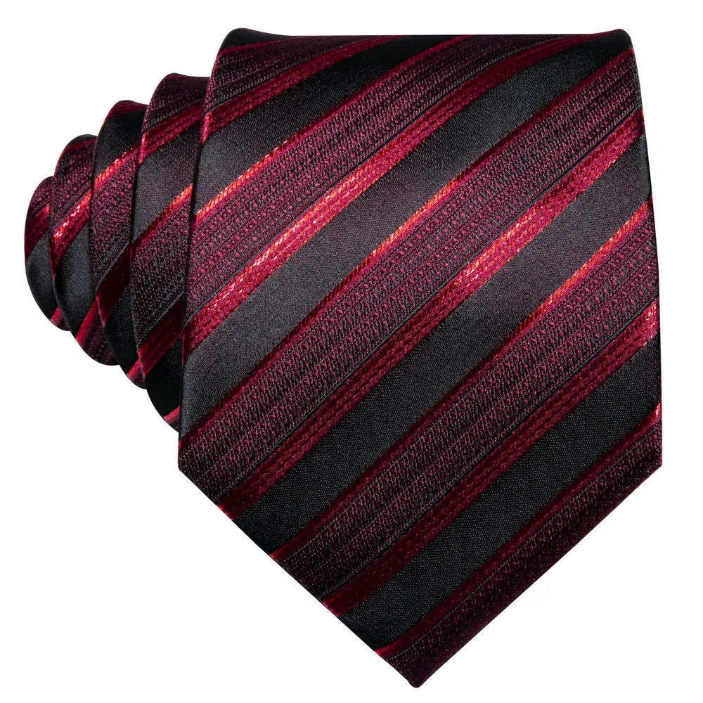 Men’s Luxury Red Striped Necktie Set. Silk Tie, Pocket Square & Cufflinks for Business, Wedding & Formal Wear
