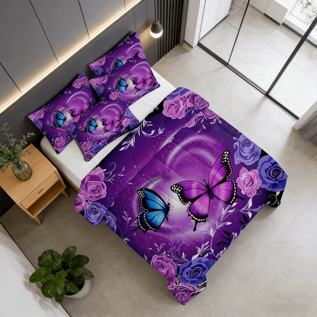 Purple Butterfly Floral Comforter Bedding Set