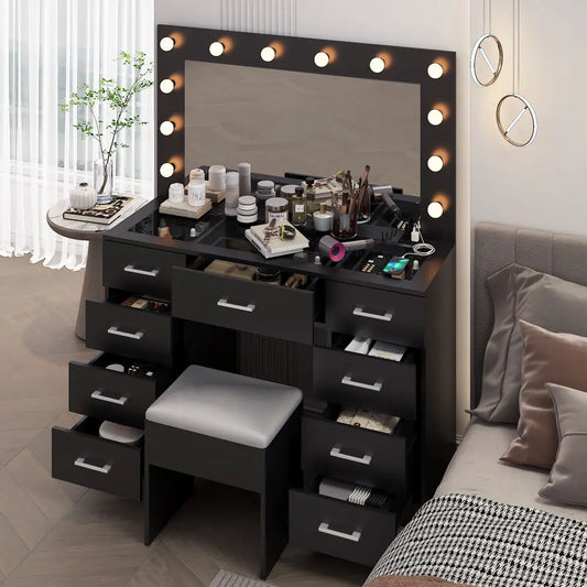 Makeup Vanity Desk Set Large LED Mirror with 9 Drawers Dresser & Power Outlet