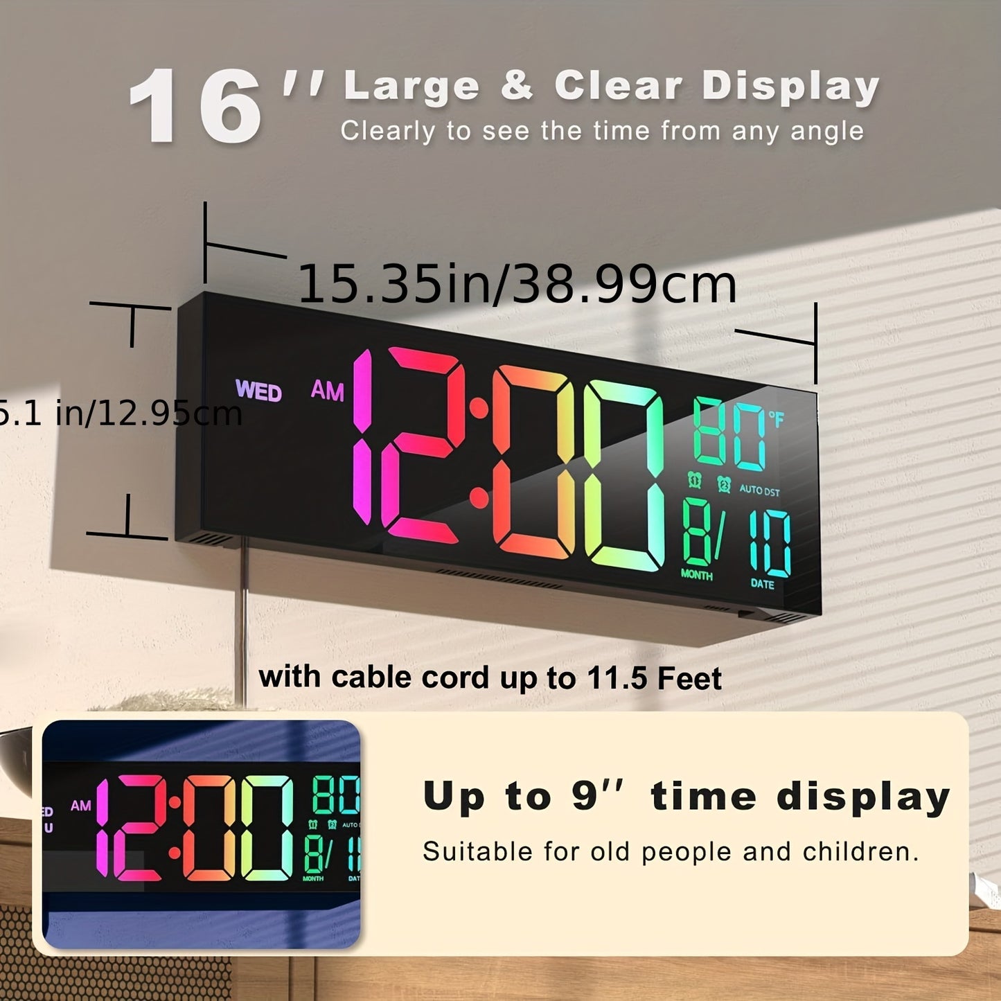 Smart RGB LED Digital Wall Clock with Remote Control & Temperature Display