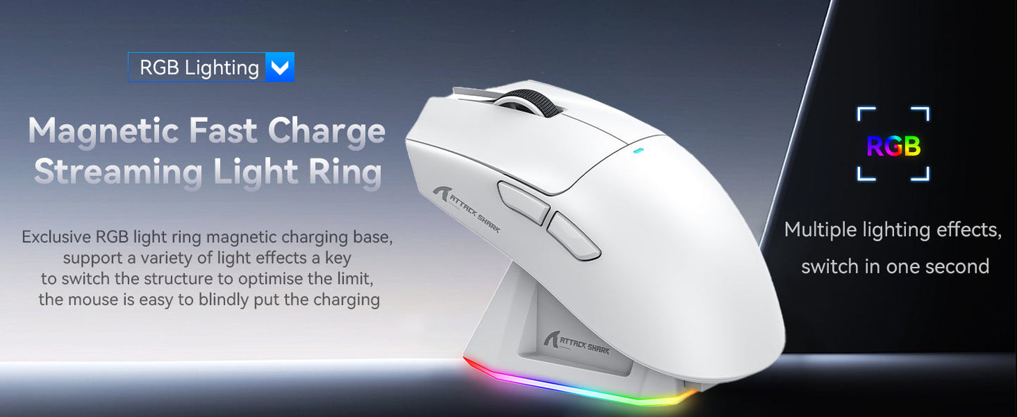 ATTACK SHARK X11 Wireless Gaming Mouse with RGB Magnetic Charging Dock, Tri-Mode Bluetooth/2.4GHz/USB-C, Ergonomic Rechargeable Mouse for PC, Mac & Laptop