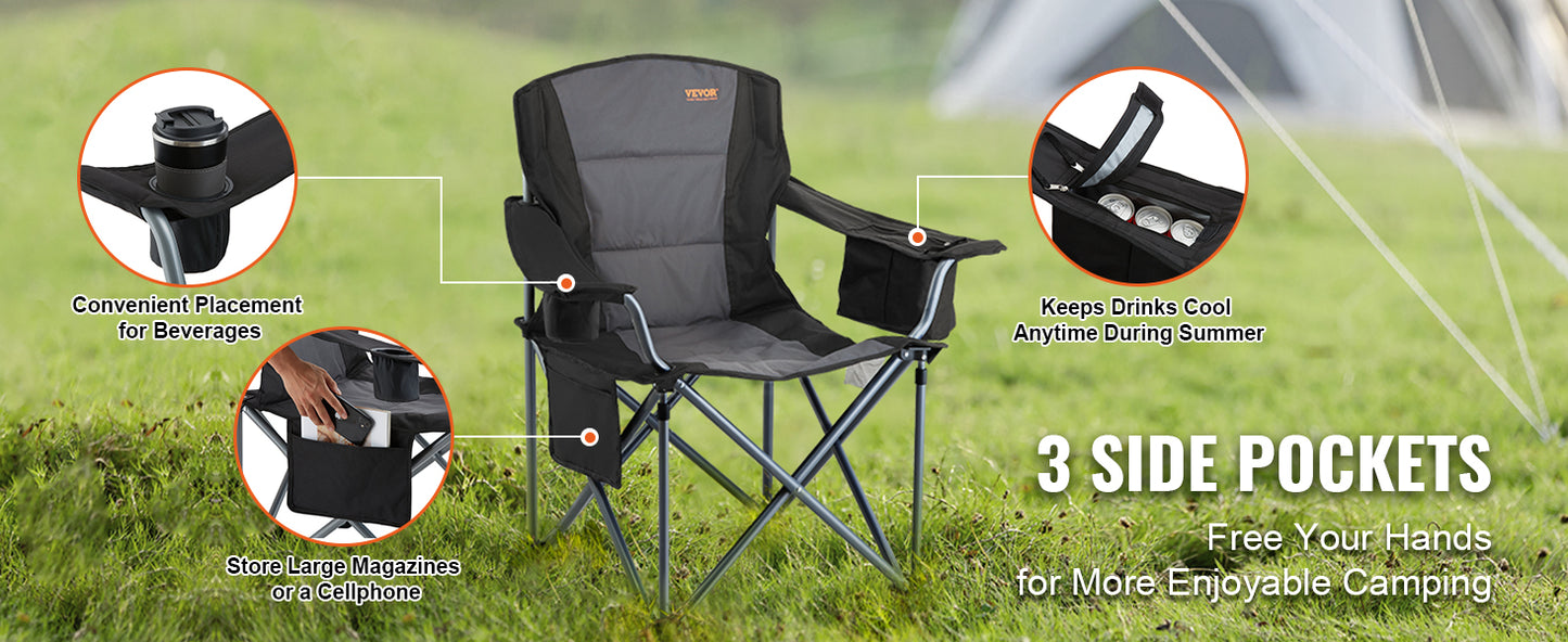 SucceBuy Camping Folding Chair for Adults Portable Quad Lumbar Back Padded Arm Chairs with Side Pockets for Beach, Lawn, Picnic