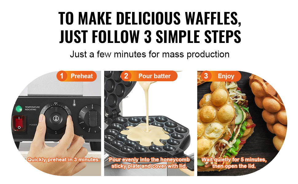 SucceBuy Commercial Egg Bubble Waffle Maker 1400W Non-Stick Stainless Steel Bubble Puff w/180° Rotatable 2 Pans & Wooden Handles