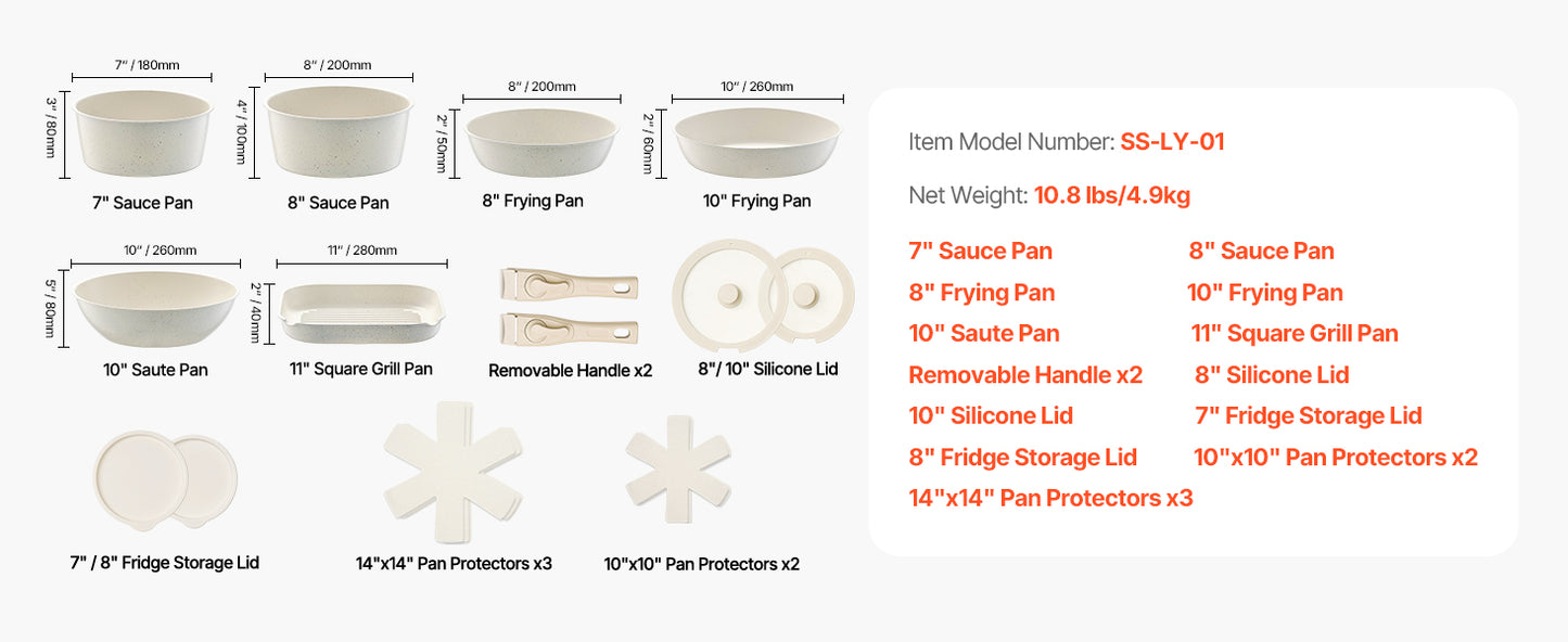 SucceBuy 17 Piece Pots and Pans Set Nonstick Detachable Handle Cookware Kitchen RV Cooking Sets, with Frying, Sauce, Saute Temp
