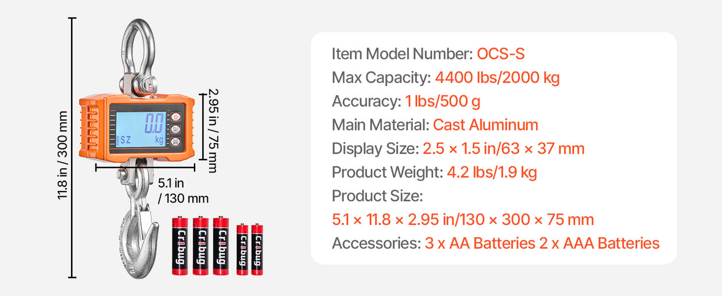 SucceBuy 1000kg/2000kg Digital Hanging Scale Portable with Remote Control Factory Crane Scale LCD Backlight Industrial Scales