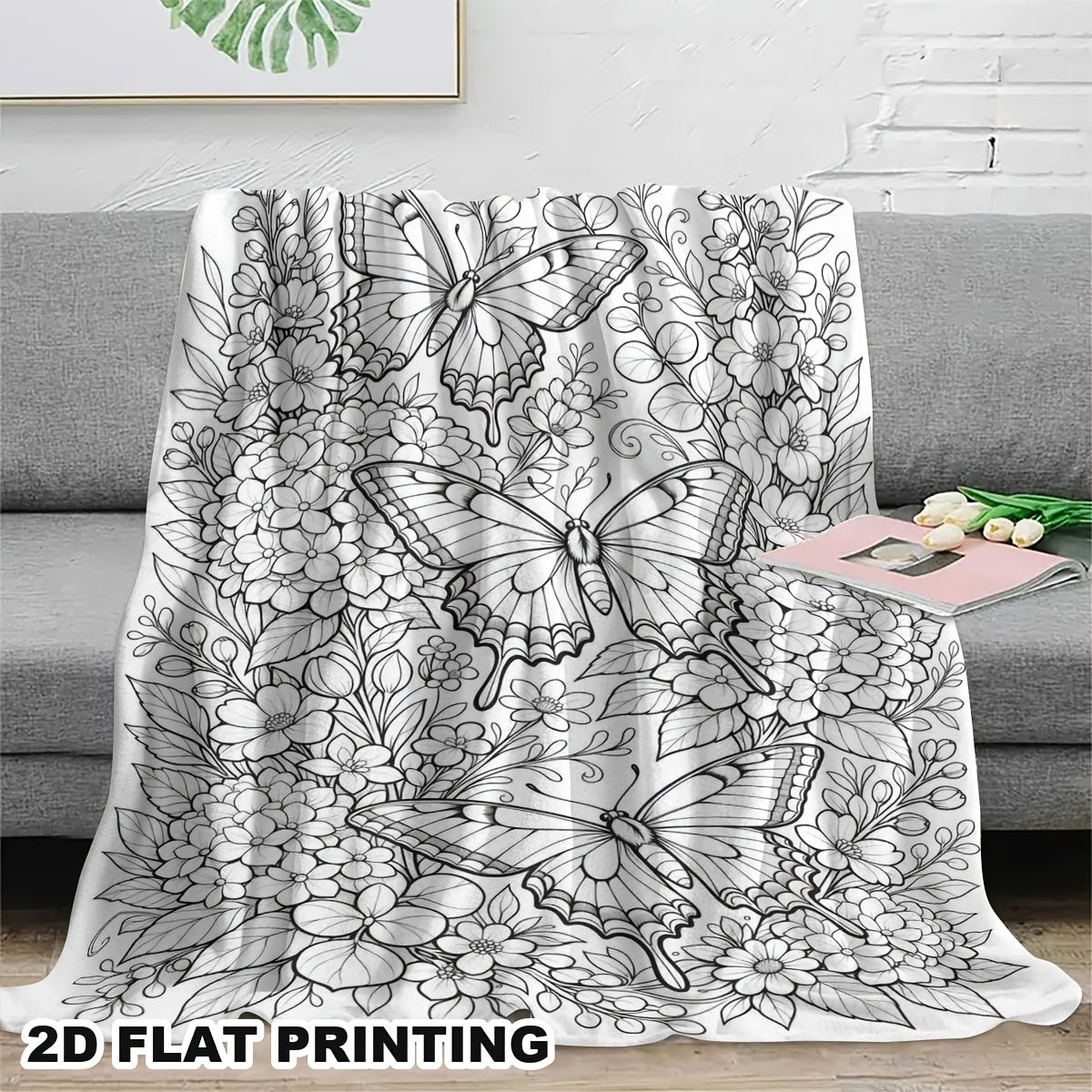 Adult Coloring Butterfly Floral Flannel Blanket, Soft Skin-Friendly Throw for Bedroom Nap, Creative DIY Stress-Relief Gift