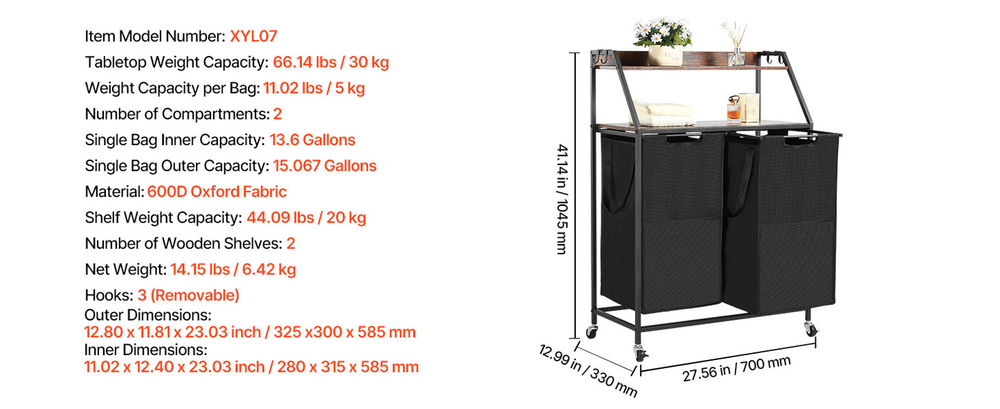 3-Section Laundry Sorter with Storage Shelf. Rolling Laundry Organizer