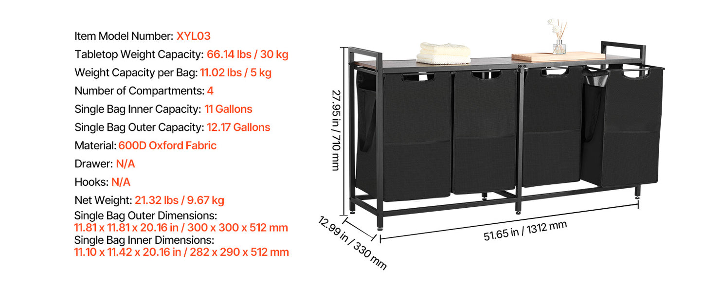 3-Section Laundry Sorter with Storage Shelf. Rolling Laundry Organizer