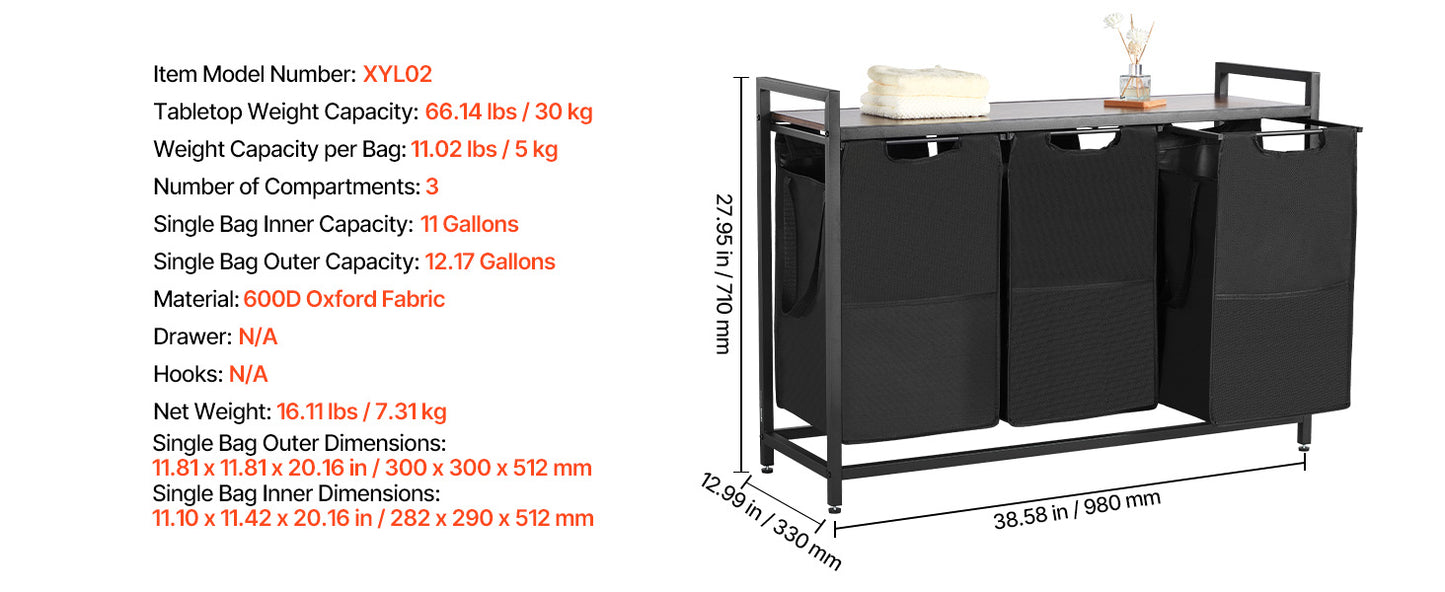 3-Section Laundry Sorter with Storage Shelf. Rolling Laundry Organizer