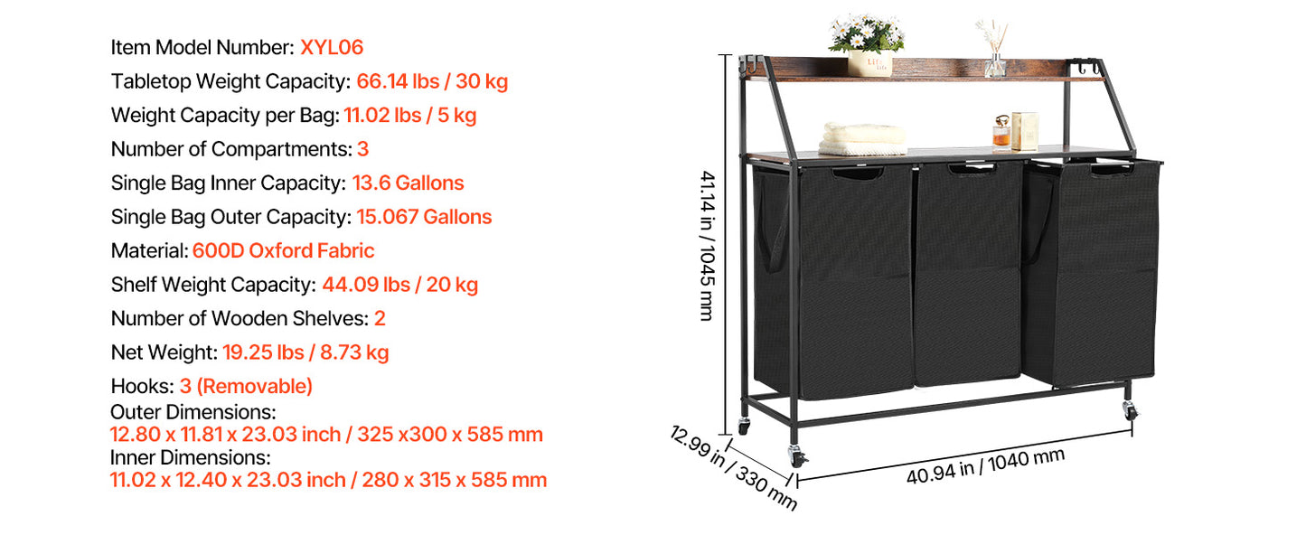 3-Section Laundry Sorter with Storage Shelf. Rolling Laundry Organizer