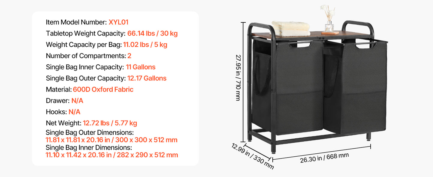 3-Section Laundry Sorter with Storage Shelf. Rolling Laundry Organizer
