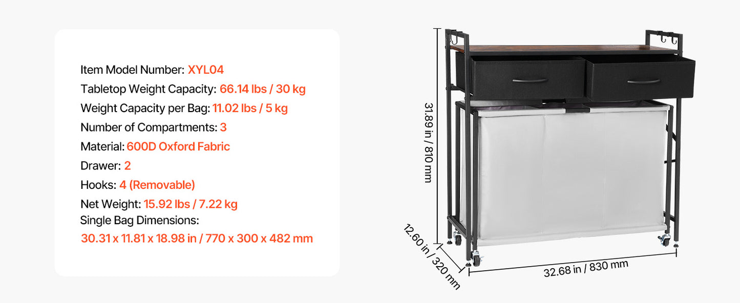 3-Section Laundry Sorter with Storage Shelf. Rolling Laundry Organizer