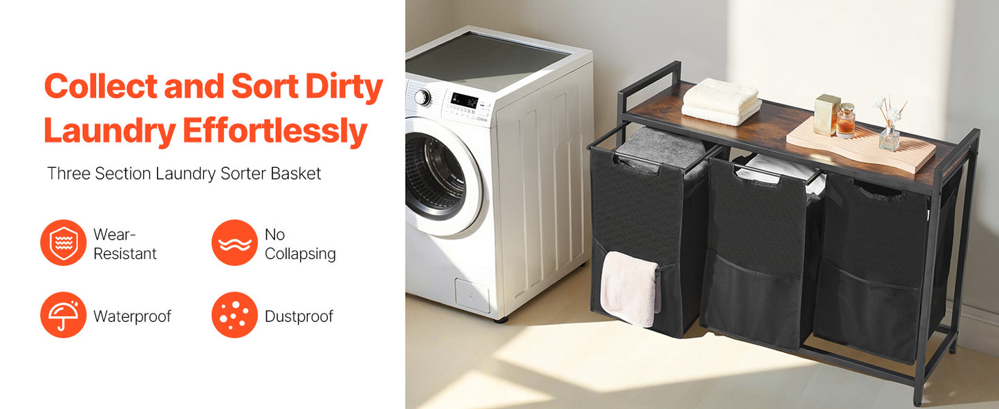 3-Section Laundry Sorter with Storage Shelf. Rolling Laundry Organizer