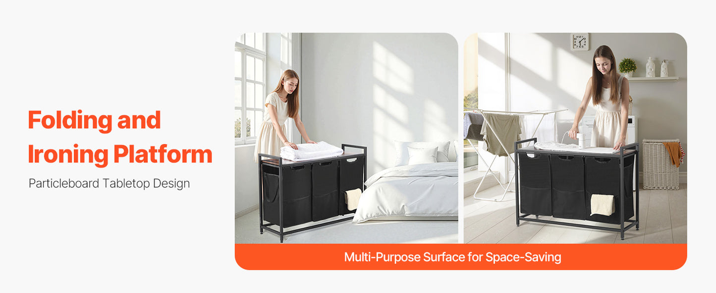 3-Section Laundry Sorter with Storage Shelf. Rolling Laundry Organizer