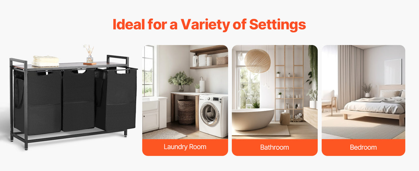 3-Section Laundry Sorter with Storage Shelf. Rolling Laundry Organizer