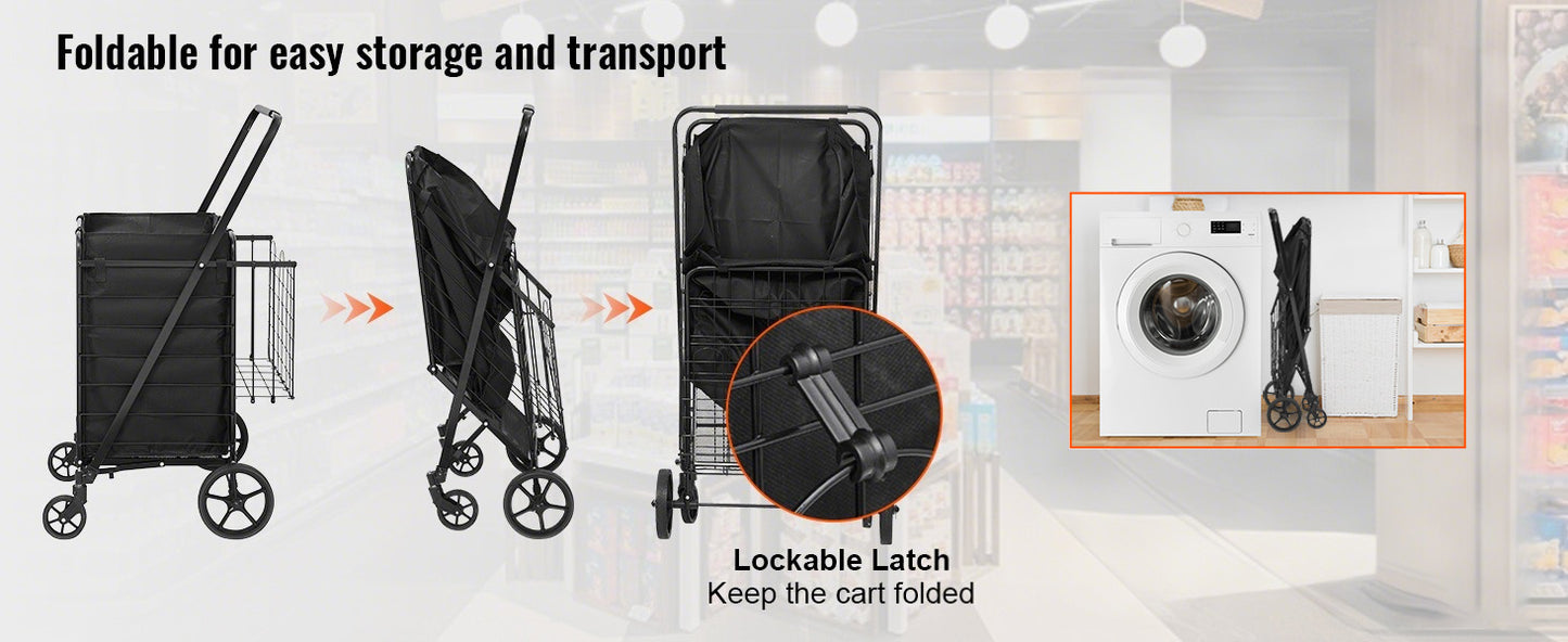 SucceBuy Folding Shopping Cart w/ Removable Waterproof Liner 106/330LBS Large Capacity 360° Swivel Wheels Dense Metal Mesh Base