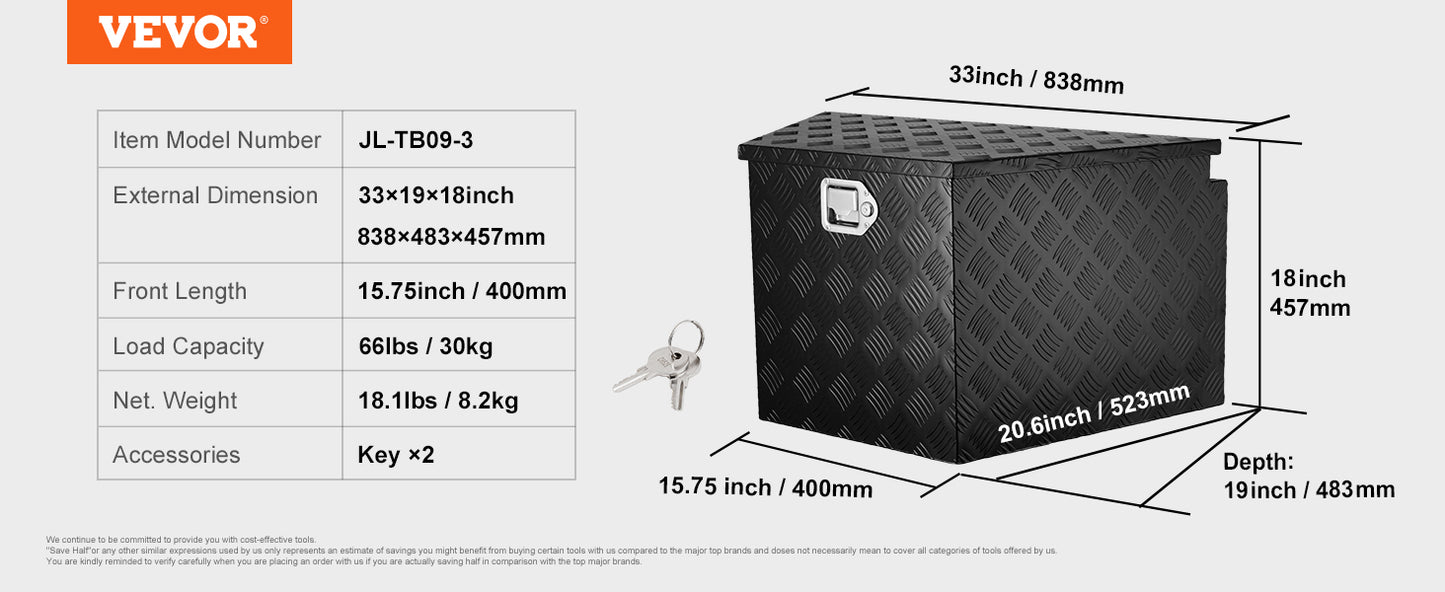 VEVOR Trailer Tongue Box, Aluminum Alloy Diamond Plate Tongue Box Tool Chest, Heavy Duty Trailer Box Storage for Pickup Truck
