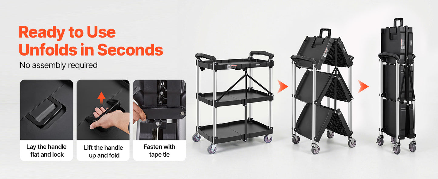 SucceBuy 3-Tier Folding Rolling Utility Cart . Heavy-Duty Mobile Storage Shelf with Wheels for Laundry, Kitchen, Office & Home Organization